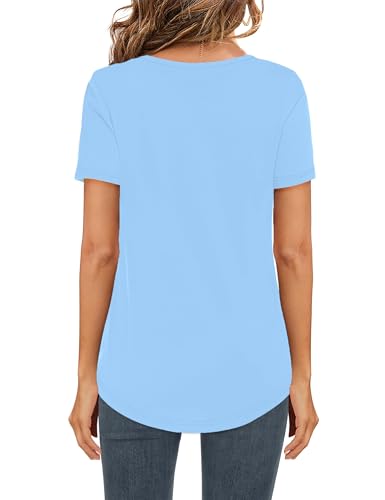 Image of Elesomo Womens T Shirts V Neck Summer Short /Long Sleeve Cotton Tops Tees