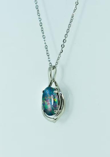 Fire Opal Gemstone Necklace - Genuine Australian Black Opal Necklace Pendant in 925 Sterling Silver Teardrop Necklace