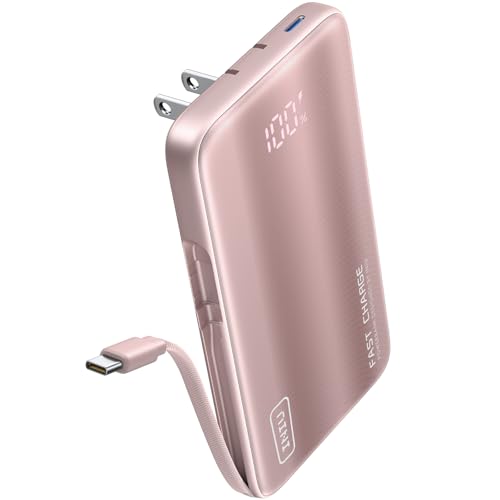 INIU 3-in-1 Portable Charger, 45W 10000mAh Fast Charging Power Bank, Built-in USB C Cable & Foldable Wall Plug, Travel Essentials, Battery Pack for iPhone 17 16 15 Series, Samsung, MacBook, etc. Pink