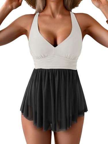 Women's One Piece Swim Dress Swimsuit Tummy Control Mesh Swimdress V Neck Bathing Suit Skirt Tie Back Swimwear