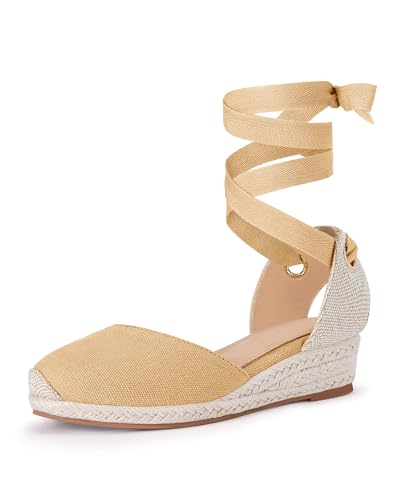 Image of Coutgo Girls Espadrille Platform Wedge Sandals Closed Toe Lace Up Ankle Strap Summer Shoes Toddler Little Big Kid