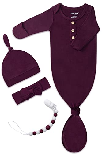Image of Newborn Baby Knotted Gown, Super Soft Silky Infant Sleeper, Baby Girl Sleep Gown with Mittens, Bow, Clip and Hat Set