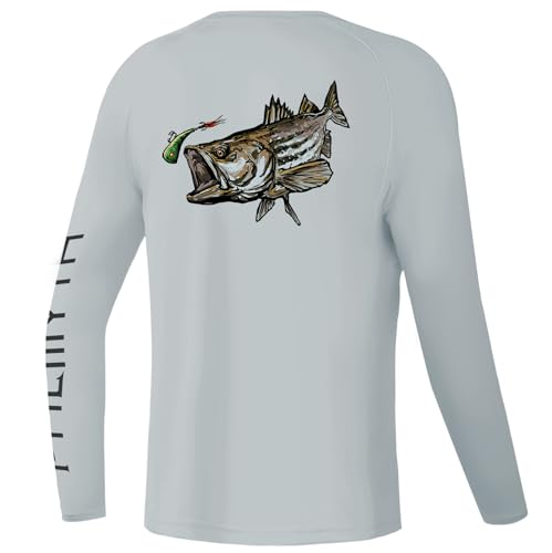 Palmyth Boys Fishing Shirt Youth Long Sleeve T-Shirt UPF 50+ Sun Protection (Gray/Striped Bass, S)