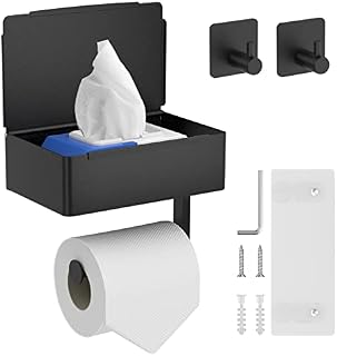 Toilet Roll Holder with Storage Box-self Adhesive Toilet Roll HolderStainless Steel Toilet Roll Holder Black Toilet Paper Holder with Shelf 2 Types of Installation (with 2 Towel Hoks)