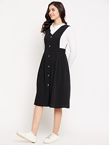 Image of WineRed Women Soild Pinafore Dress with Button