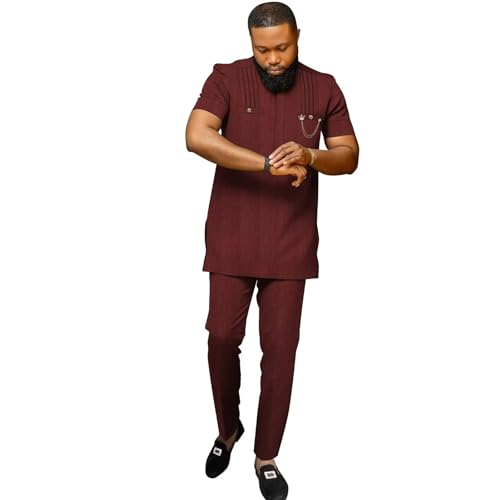 African Tradtional Dashiki Suits for Men Wedding Short Sleeve 2 Piece African Mens Outfits Male Formal Attire Slim Fit