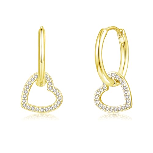 Image of Loutade Gold Hoop Earrings for Women Girls, 925 Sterling Silver Hoop Earrings with Heart Charm Dangling, Trendy Lightweight Sleeper Silver Love Heart Charm Drop Earrings Huggie Hoops Jewelry Gifts