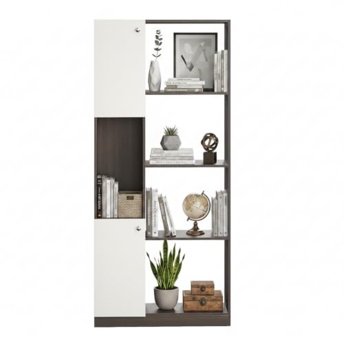Image of FURNEASER Bookaura Wooden Bookshelf with Doors, Multipurpose Bookcase Storage Organizer for Living Room Modern Wooden Book Shelf Cabinet, Display Rack for Books & Decor (Wenge & White)