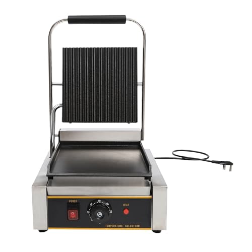 Commercial Sandwich Press Grill, Up Grooved and Down Flat Plates Electric Stainless Steel Sandwich Maker, for Hamburgers Steaks Bacons 31 * 39 * 21cm
