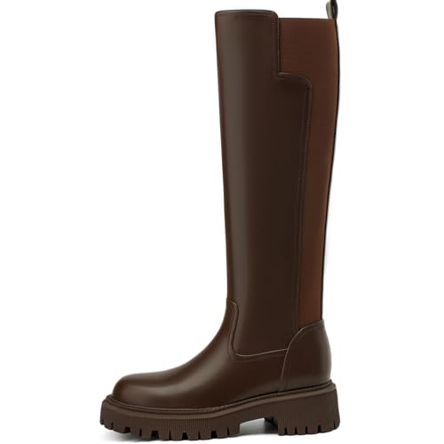 Image of TEAIEU Knee High Boots for Women, Platform Chunky Block Low Heel Tall Boots, Round Toe Side Zipper Fall Long Boots for Dress, Stretch Calf, Comfortable