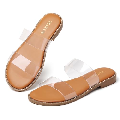 Image of Tilocow Women's Flat Sandals Two Strap Summer Dressy Studded Slide Sandals Open Toe Cute Casual Slip on Comfort Shoes for Beach Travel Daily Wear