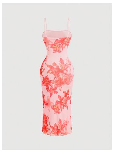 Image of BEAUDRM Women's Sexy Floral Plus Size Dress Date Night Club Cocktail Dress | Summer Vintage Mesh Bodycon Maxi Dress, Elegant Wedding Guest Dresses, Light Pink, Large Plus