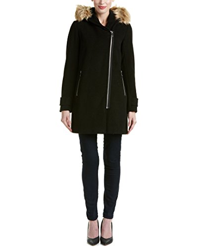 Marc New York by Andrew Marc Women's Paloma Wool Asymmetric Coat with Faux Fur Hood, Black, 4