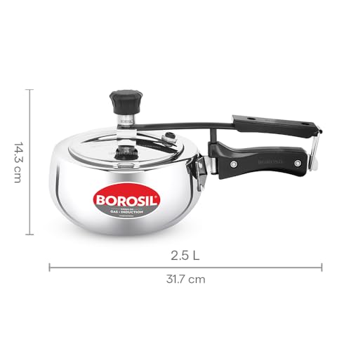 Image of Borosil Triply Pressure Cooker | SS304 Food Grade Stainless Steel | Even Heat Distribution | Gas Stove & Induction Compatible | Dishwasher Safe | 5 Years Warranty (1.5 L, Outer Lid)