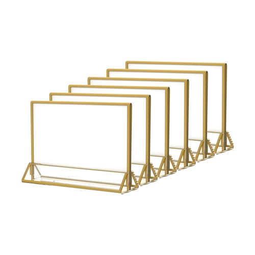 NIUBEE 6Pack 6 x 4 Horizontal Clear Acrylic Sign Holder with Gold Borders Double Sided Table Menu Stands Picture Frames for Wedding Table Numbers Restaurant Signs Photos and Art Display