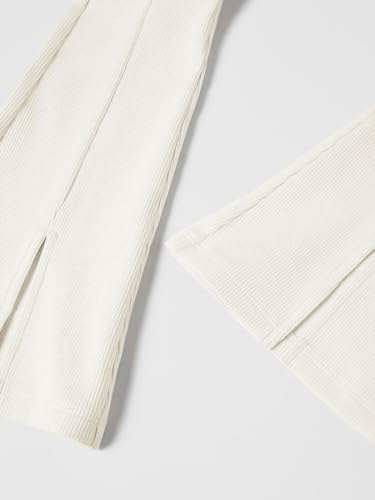 Image of Haloumoning Girls Kids Elastic Waist Ribbed Flare Split Bottom Pants Stretch Casual Long Pants(5-14Y) White