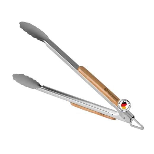 BURNHARD Lange Edelstahl Grillzange (45 cm) Akazien-Holzgriff, Grill-Zubehör, Aufhänge-Ösen