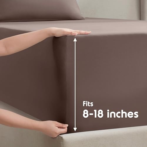 Image of Nestl Short Queen Bed Sheet Set - Chocolate Brown - 4-Piece Deep Pocket | Instantly Soft, Night-One Ready (No Wash Required). Fits 16-Inch Deep Pockets, 360-Degree Elastic Grip