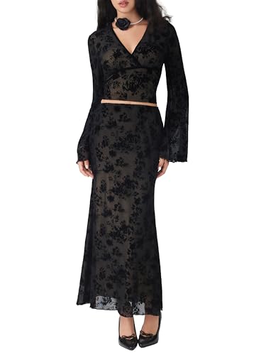 CIDER Women's Floral Mesh Long Sleeve Top V Neck Going Out Date Night Blouse2