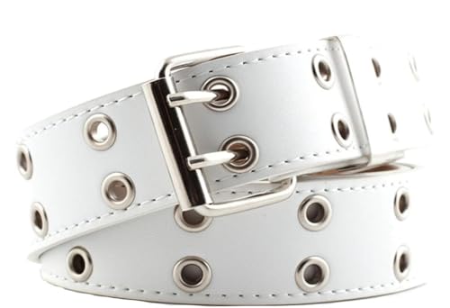 Black White Grommet Genuine Leather Belts for Women Men Casual Jeans Waist Belt