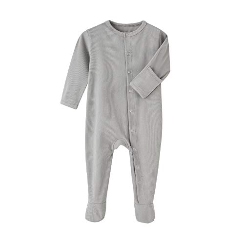 Baby Footed Pajamas with Mittens Cotton Long Sleeve Snap-up Romper Jumpsuit Sleep and Play 0-12 Months (0-3 Months, Light Grey)