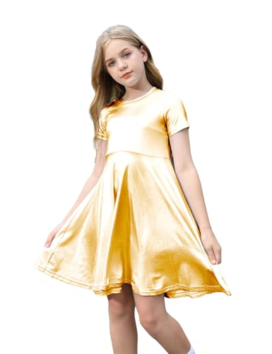 Girls Metallic Dress Kids Sparkly Shiny Dresses Short Sleeve Twirl Swing Dresses