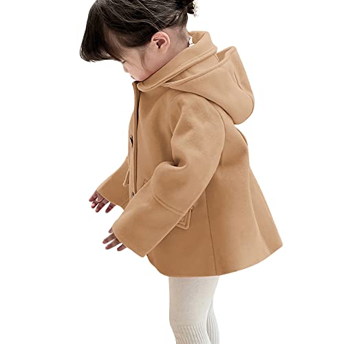 Image of rrhss Baby Girls Button Formal Coat Toddler Kids Hooded Woolen Jacket Fall Winter Outwear Khaki Size(1-2 Years)