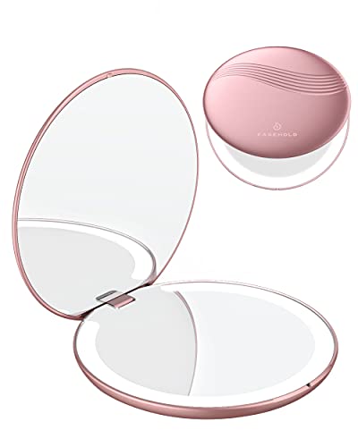 Easehold Rechargeable Led Compact Mirror, 1X/3X Magnification, Portable Lighted Mirror for Travel, Daily Use, Handbag, Illuminated Folding Mirror, â€‹Rose Gold