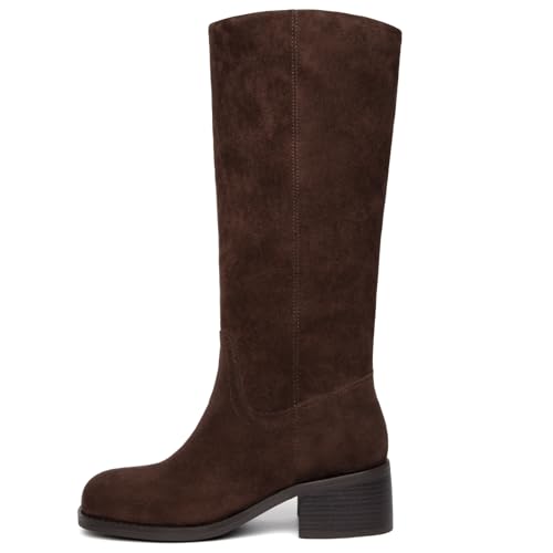 SUIARA Knee High Suede Boots Women Dark Brown Square Toe Chunky Block Heel Campus Boot Comfortable Low Heel Riding Long Tall Boots