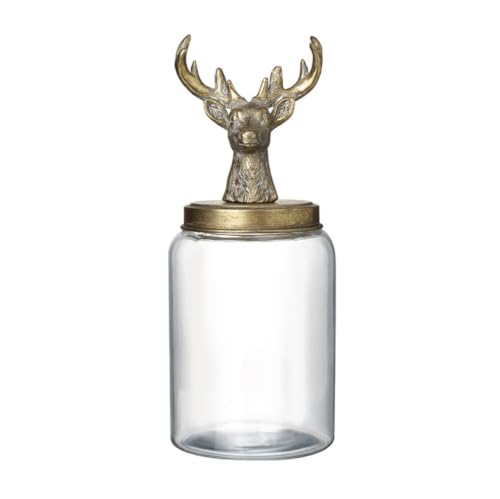 Image of Heaven Sends Large Glass Stag Storage Jar, 39.5cm Decorative Christmas Food Canister with Antique Gold Metal Lid and Resin Deer Finial