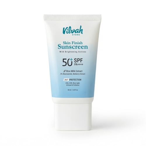 Image of Vilvah Skin Finish Sunscreen SPF 50 PA++++ | No White Cast, Water-Resistant Sunscreen | Hydrating, Lightweight, Non-Greasy | UVA & UVB Protection with Natural UV Filters & Rice Milk | Unisex, For All Skin Types | 50g