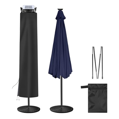 AckMizz Solar Patio Umbrella Cover - Solar Outdoor Umbrella Covers with Folding Rod, Transparent Top 420D Oxford, Parasol Cover For 7.5ft 9ft 10ft 11ft LED Light Table Umbrella(Black)