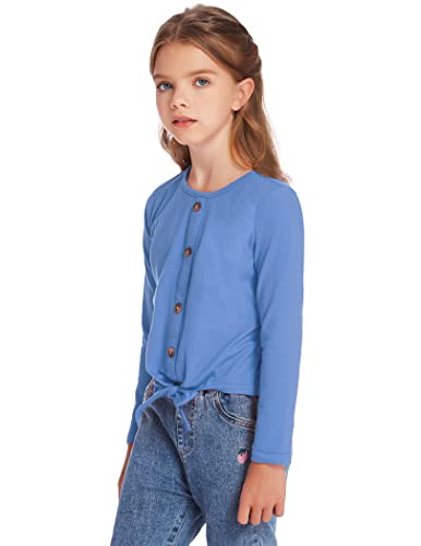 Hopeac Girls T Shirts Casual Long Sleeve Crew Neck Knot Front Blouse Tops Kids Fall Tunic Top Undershirt Blue #TOP4