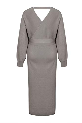 Fixmatti Women's Sweater Long Dress Bodycon Belted Blackless V Neck Slit Knit Wrap Dresses Khaki L #TOP4