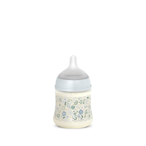Suavinex, Biberón 150 ml con Tetina Fisiológica SX Pro de Silicona, con Válvula Anticólicos, Flujo Lento (S) para Leche Materna, Artificial o Agua, Bebés +0 Meses, Recién Nacidos, Wonder Flores Azul
