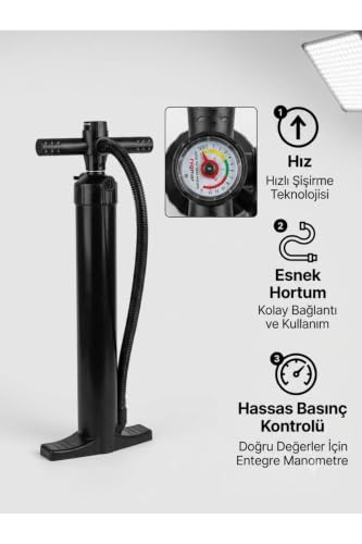 Funwater Çift Yönlü El Pompası – Manometreli Universal Şişirme Pompası. siyah