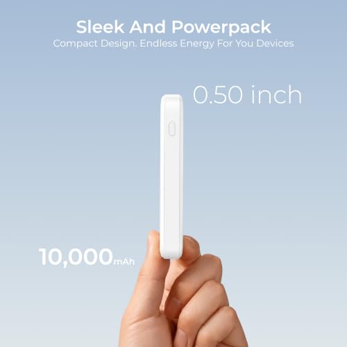 Image of AILKIN 10000mAh Portable Power Bank in White | MagSafe Wireless Charging | Built-in Lightning & Type-C Cables | 22.5W Fast Charging | Slim Charger Compatible for iPhone 15 /14 /13 /12 & Android