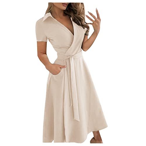 Mis Pedidos Vestido Lentejuelas Mujer Cuello En V Manga Corta Vestidos De Coctel Elegantes Midi Vestidos Primavera Y Verano para Coctel Noche Fiesta Beige XXL