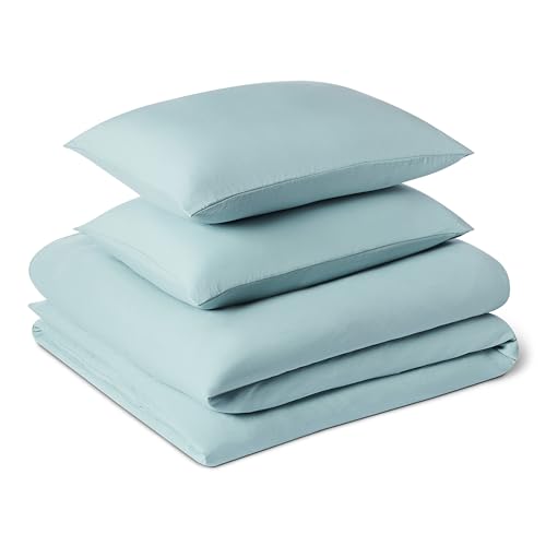 Amazon Basics 3-Piece Brushed Microfibre Double Duvet Set, Extra Soft Bedding, Relaxed Lived-In Look with Natural Creases, No Ironing Required, Duvet Cover 200x200 cm & 2 Pillowcases 50x80 cm, Blue