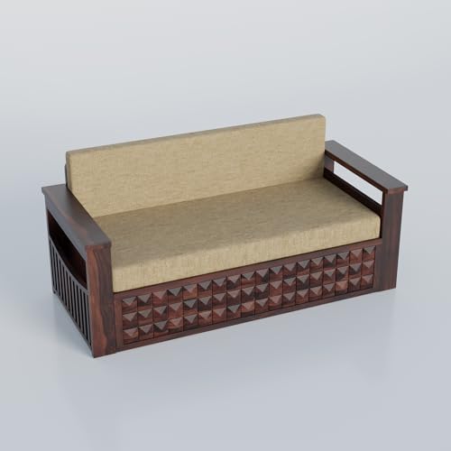 Image of Krishna Wood Decor Sheesham Wood 3 Seater Sofa Cum Bed with Mattress | Wooden Convertible Sofa Cum Bed with Side Pockets | Modern Sofa Bed with Storage Drawer for Living Room & Bedroom, Walnut Finish