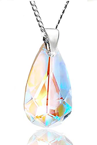 Royal Crystals Long Blue Aurora Borealis AB Teardrop Necklace Sterling Silver 925 with Crystals from Swarovski, 18inches