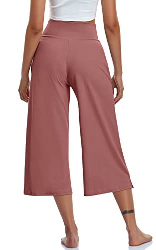 Image of TARSE Womens Casual Wide Leg Yoga Capris Crossover High Waist Capri Pants Loose Soft Pajama Pockets Sweatpants