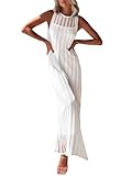 Saodimallsu Womens Crochet Sleeveless Tank Dress Sheer Mesh Maxi Dresses Crewneck Summer Beach Cover Up White, X-Large