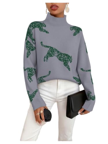 Image of WDIRARA Women's Leopard Tiger Print Sweater High Neck Long Sleeve Fuzzy Knitted Pullover Top