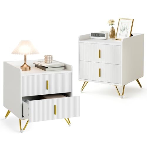 Mondeer Lot de 2 Table de Chevet, Table de Nuit avec 2 Tiroirs, Chevet de Lit avec Rangement pour Chambre, Salon, 50 x 40 x 50 cm, Blanc et Doré