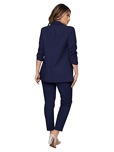 SweatyRocks Women's 2 Piece Solid Ruched Sleeve Blazer and Pants Business Office Suit Set2
