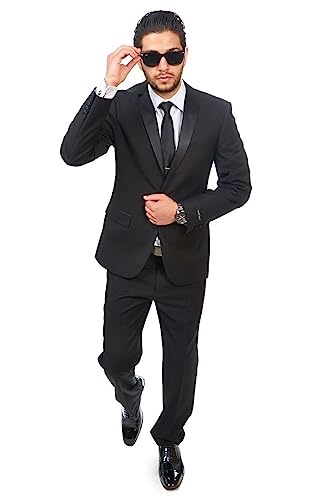 AZAR MAN Slim Fit Men Suit Tuxedo Black 2 Button Satin Collar Flat Front Pants