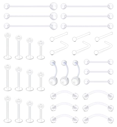 MODRSA Klar Körperpiercing Kit Plastik Bauchnabelpiercing Labret Lippe Piercing Augenbrauen Nippel Zunge Piercing Nasenstecker Klar Tragus Helix 36 Stück