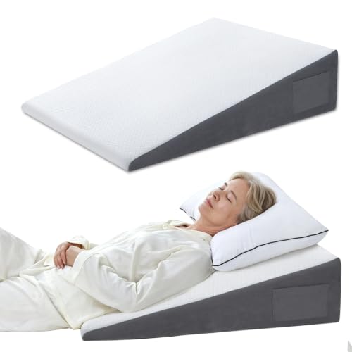 Image of Vekkia 31 inch Extra-Long Wedge Pillow for Sleeping & Resting, Back Support | 7.5 inch Height Bed Wedge for Adult Acid Reflux Relief, Sleeping, Snoring, Post Surgery, Washable Cover & Dual Pockets,White /Gray