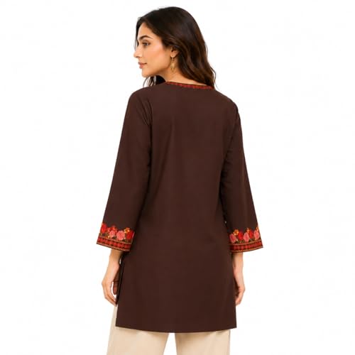 Image of HAUTEMODA Women Cotton Floral Embroidered Short Kurti, Tunic, Three-Fourth Sleeves, White